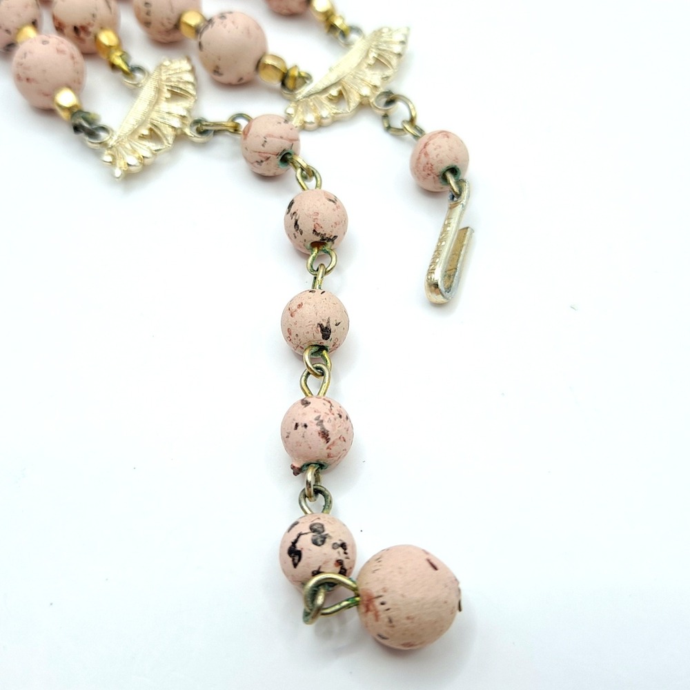 Vintage Speckled Bead Necklace Gold-Tone Pink Double Strand Graduated Hong Kong - Picture 9 of 11